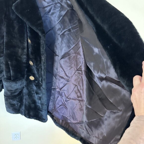 Vintage Womens Black Faux Fur Jacket Fleur de lis Buttons Coat Satin Medium - Picture 11 of 13